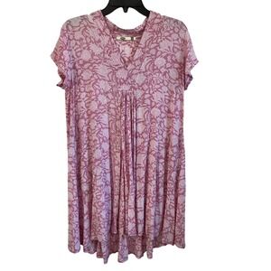 Dolma Womens Floral Print V Neck Short Sleeve Dress‎ Pink Size Large Cottagecore